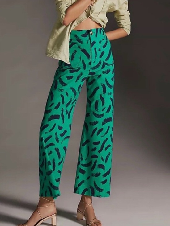 Maeve Pants - MAEVE The Colette Wide-Leg Crop Pants Green Blue Brush Stroke Print 31